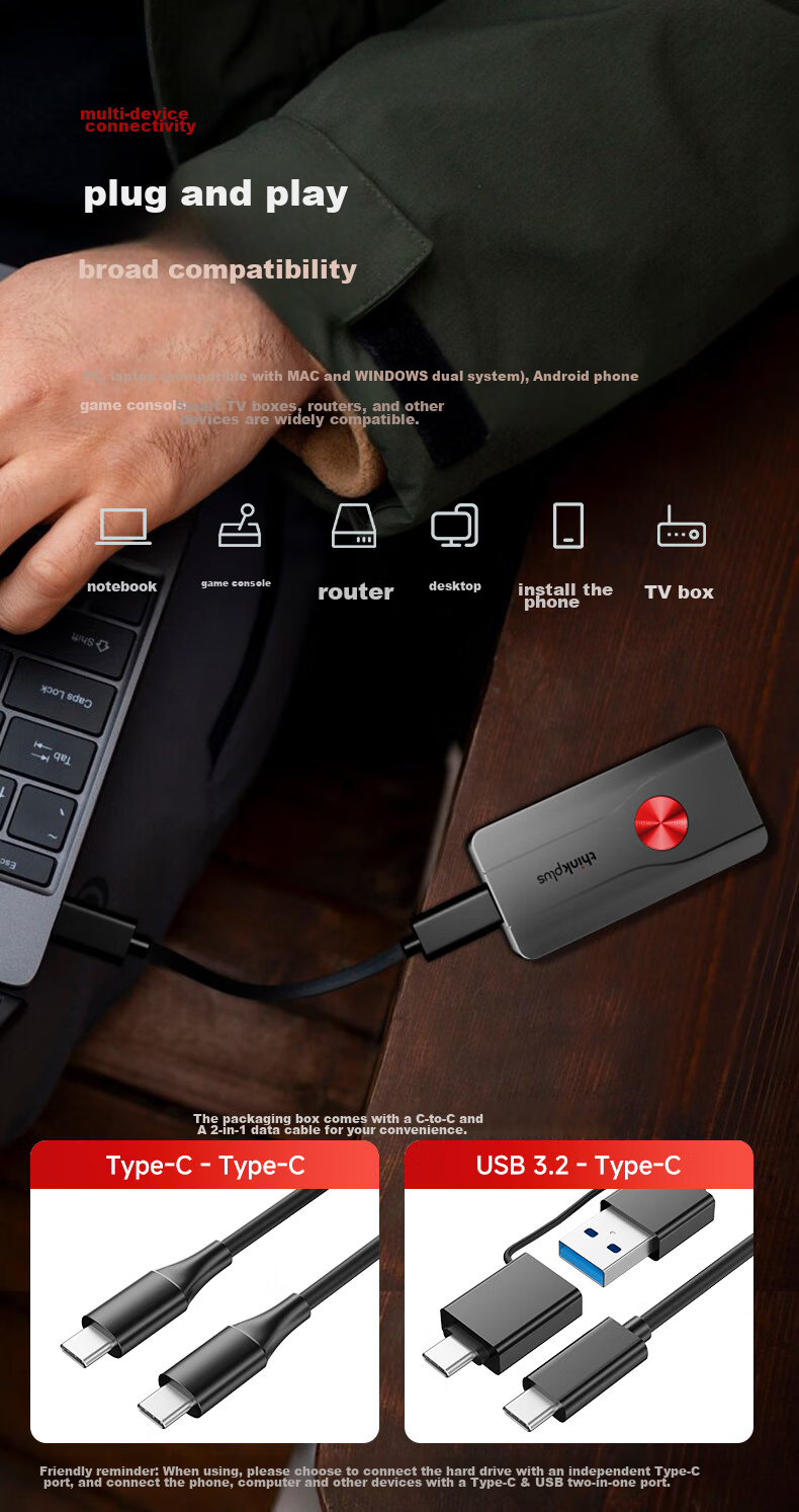 Портативный твердотельный накопитель ThinkPlus Lenovo 1TB PSSD, совместимый с компьютерами, ноутбуками и смартфонами, высокоскоростной, компактный, портативное устройство хранения данных, серия TSD301