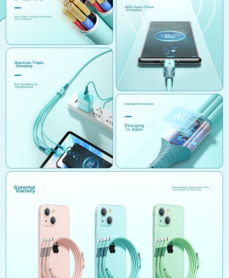 Кабель Nengshi 3-в-1 Type-C/Lightning/Micro-USB, 66W, 0.6м, синий