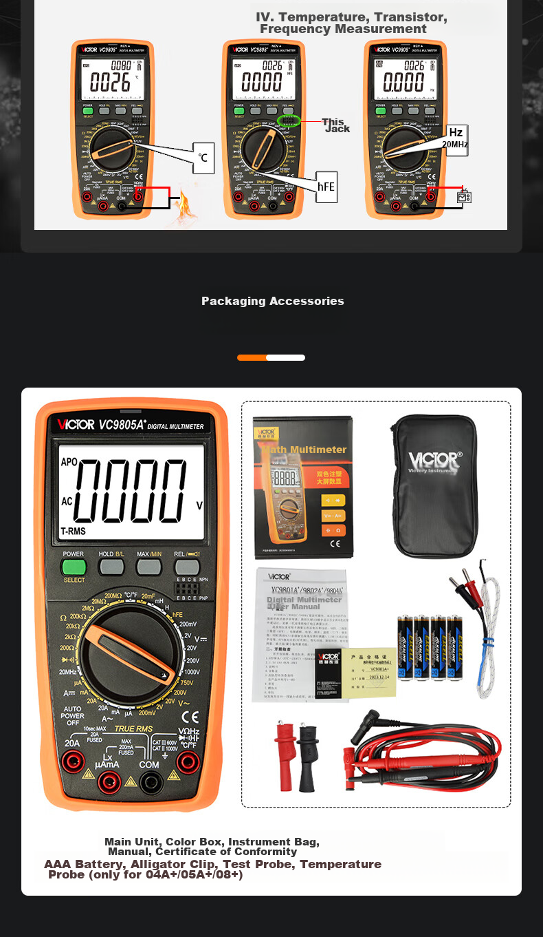 Цифровой мультиметр VICTOR VC9801A+, универсальный, многофункциональный, для электрика, с большой емкостью