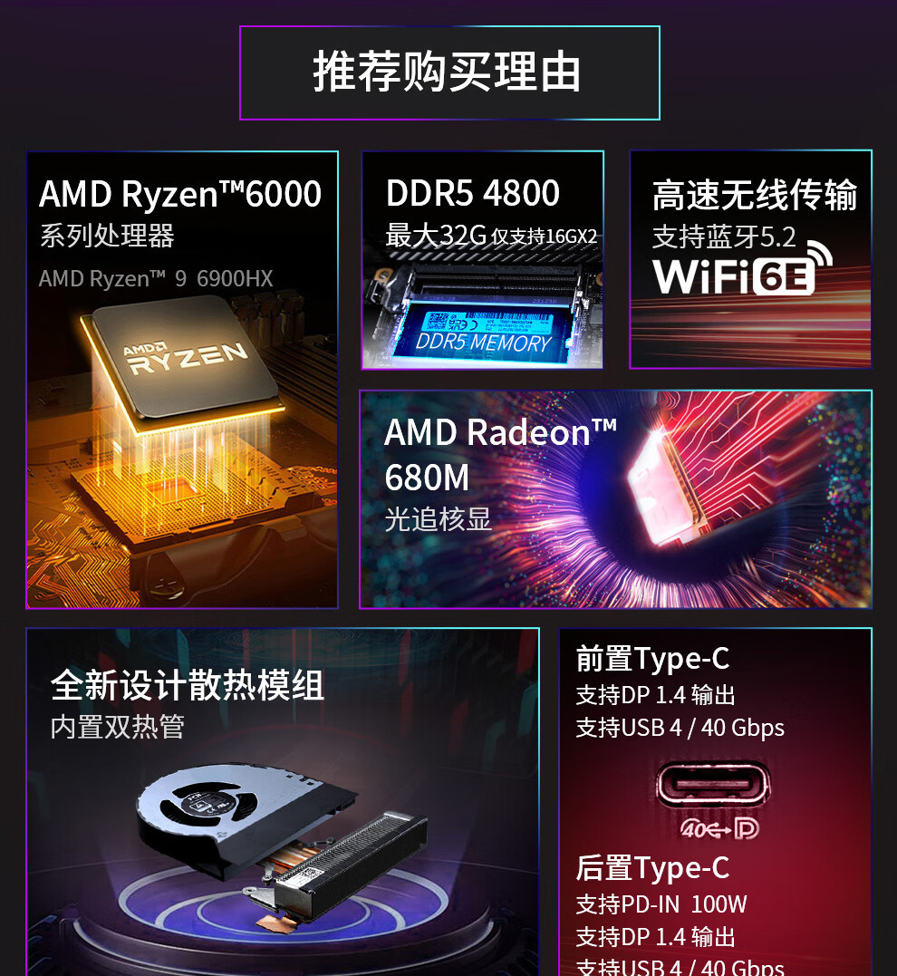 华硕(ASUS) PN53商用办公家用mini迷你主机台式机NUC小机箱电脑 (AMD锐龙R9-6900HX 16G 512G 正版Win11)