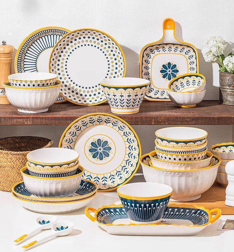 Набор посуды CERAMICS Nordic Style, японский стиль, 16 предметов, керамика, для дома, для новоселья, золотистый