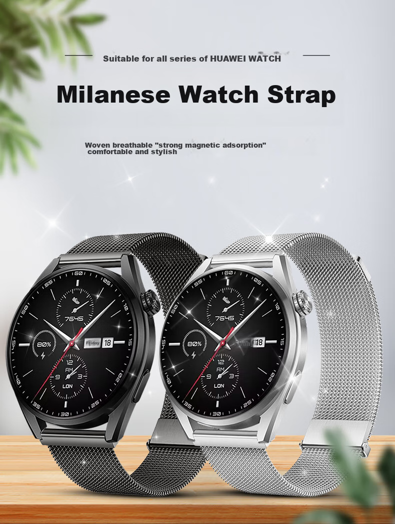Ремешок Weiqiantu для Huawei Watch GT6/6pro/GT5/5pro/Watch5/4/4pro/3/GT4, миланская петля, металл, сталь, двойной магнит, черный, 46/48 мм, 22 мм