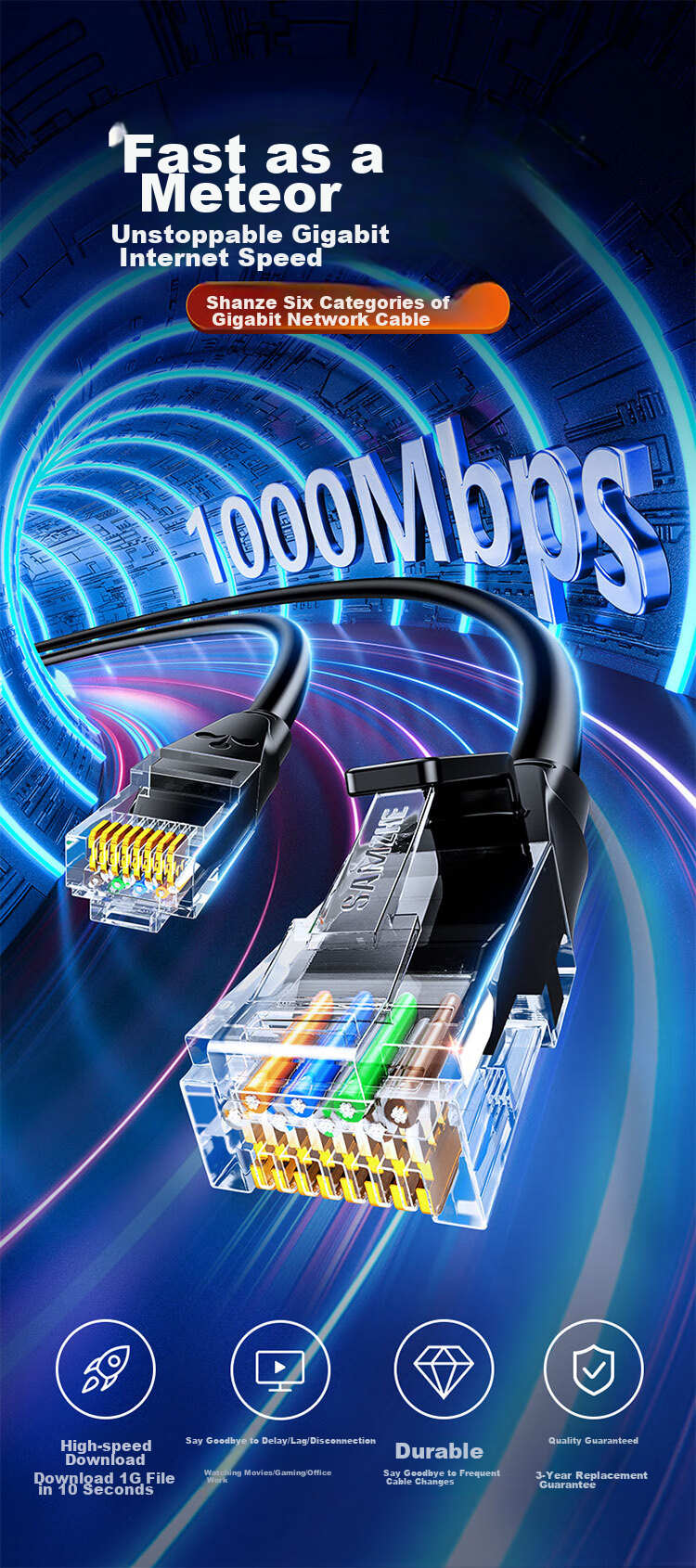 Сетевой кабель SAMZHE CAT6 Gigabit Ethernet, 15 метров, витая пара, черный