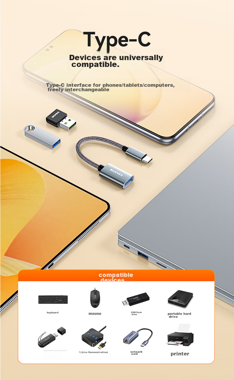 Переходник SAMZHE Type-C на USB OTG CAL21-1, для подключения накопителей, клавиатур и мышей к смартфонам, планшетам и ноутбукам