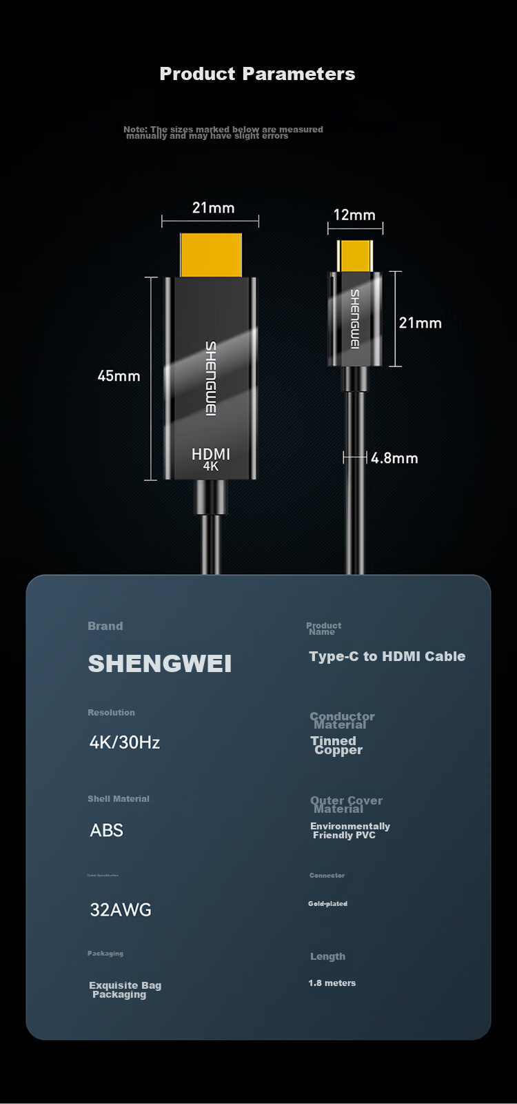Кабель Shengwei Type-C - HDMI, адаптер 4K для Apple 16/15 Huawei P60, подключение ноутбука/телефона к монитору/телевизору, 1.8 метра, ACH1018G