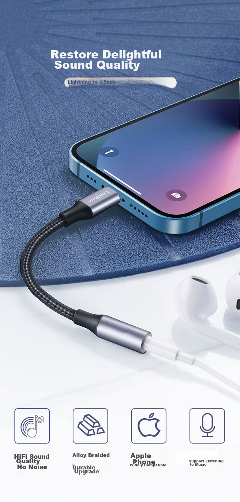 Переходник LinkStone Lightning на 3.5 мм для iPhone 14/13/12/11 Pro Xs Max, аудиокабель, штекер и воспроизведение, конвертер Lightning в 3.5 мм