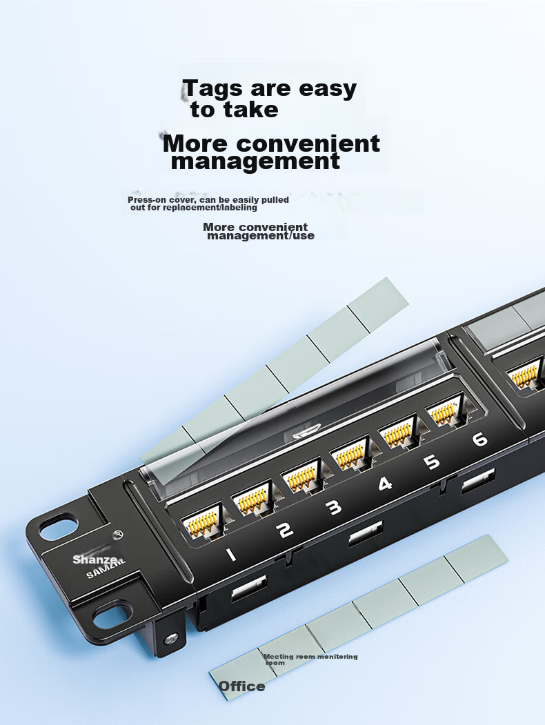 Патч-панель SAMZHE CAT6 Unshielded 24-портовая, 10 Gigabit Ethernet, 20U, монтируемая в стойку