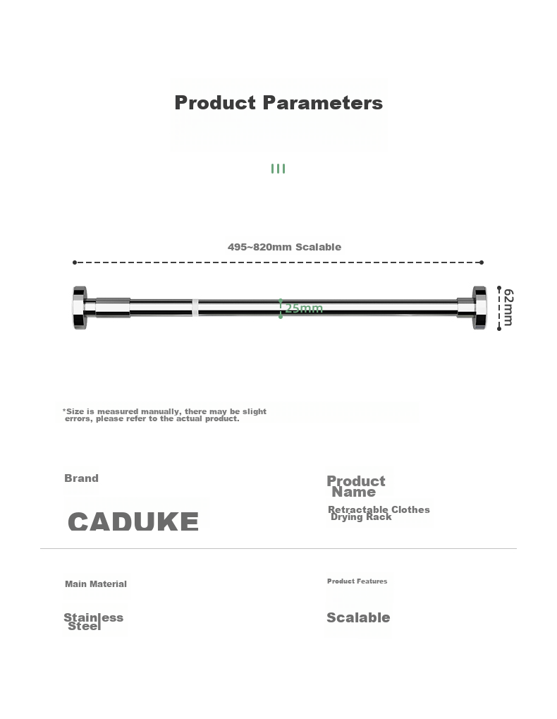 Штанга телескопическая для душа CADUKE, из нержавеющей стали, без сверления, для сушки белья, штор, опоры, балкона, 130-240 см