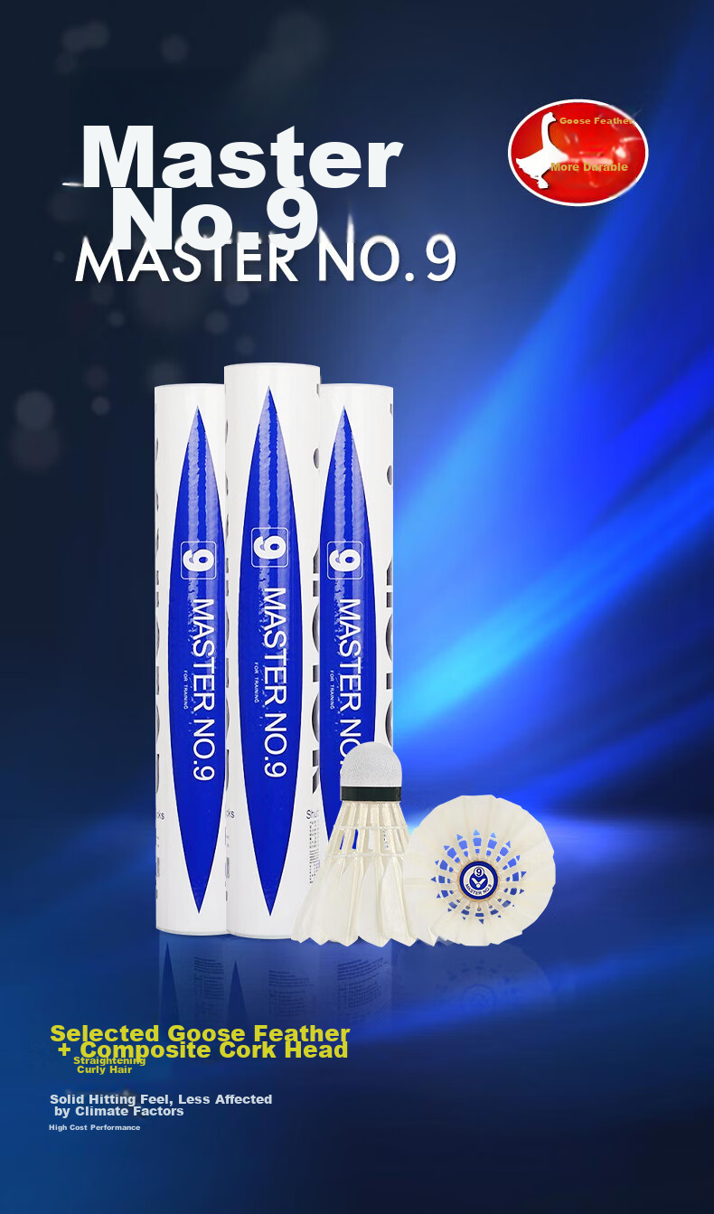 Воланы для бадминтона VICTOR MASTER NO.9, тренировочные, 12 шт., гусиное перо, скорость 77