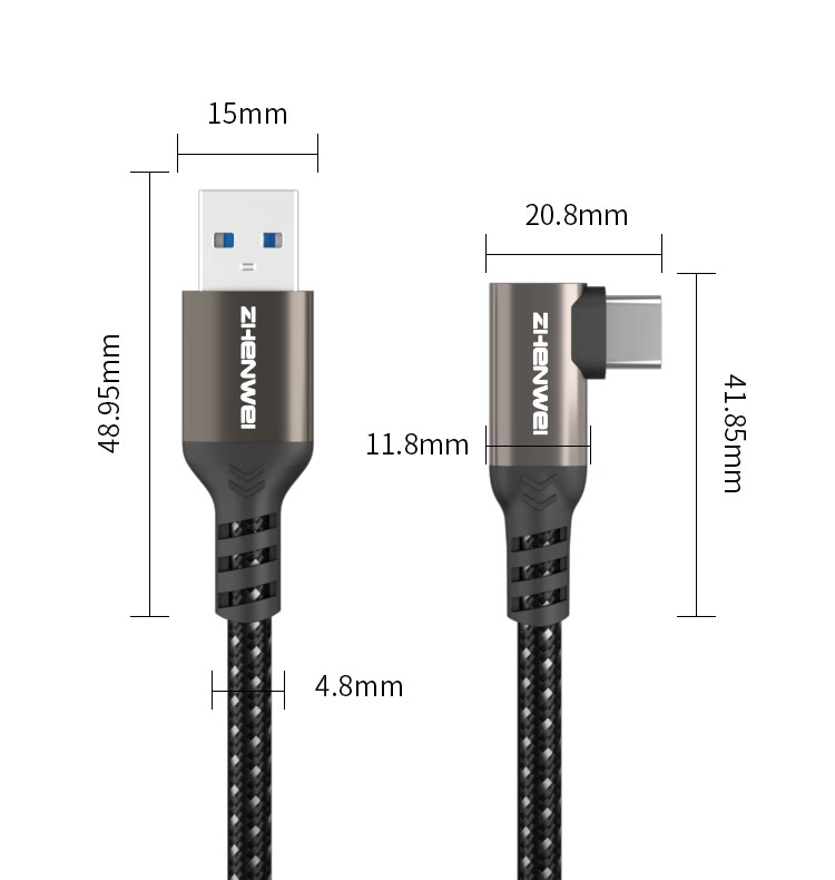 Кабель ZHENWEI USB 3.2 Type-C, 2 метра, 10 Гбит/с, 3А быстрая зарядка, черный