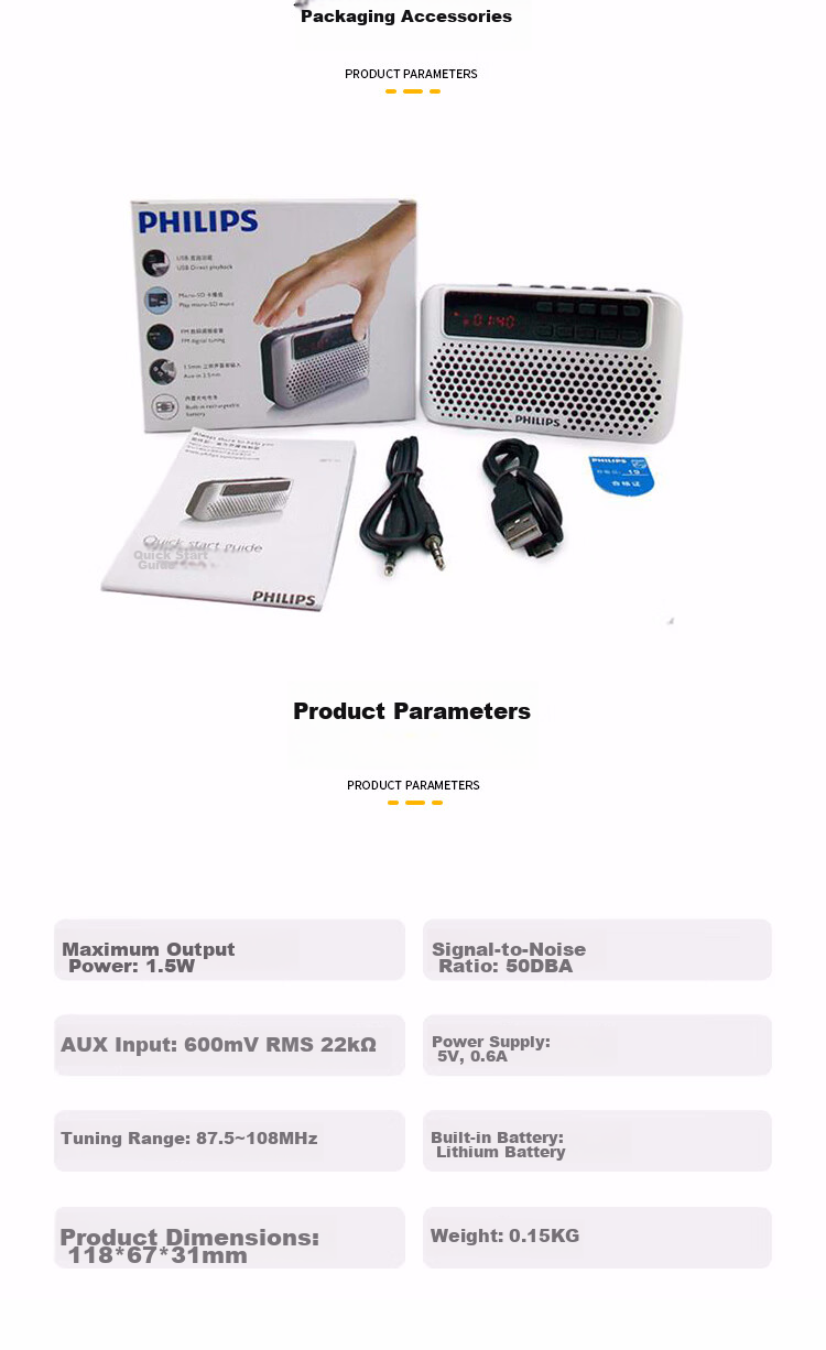 Портативное радио PHILIPS SBM120, FM-приемник, MP3-плеер, серебристый