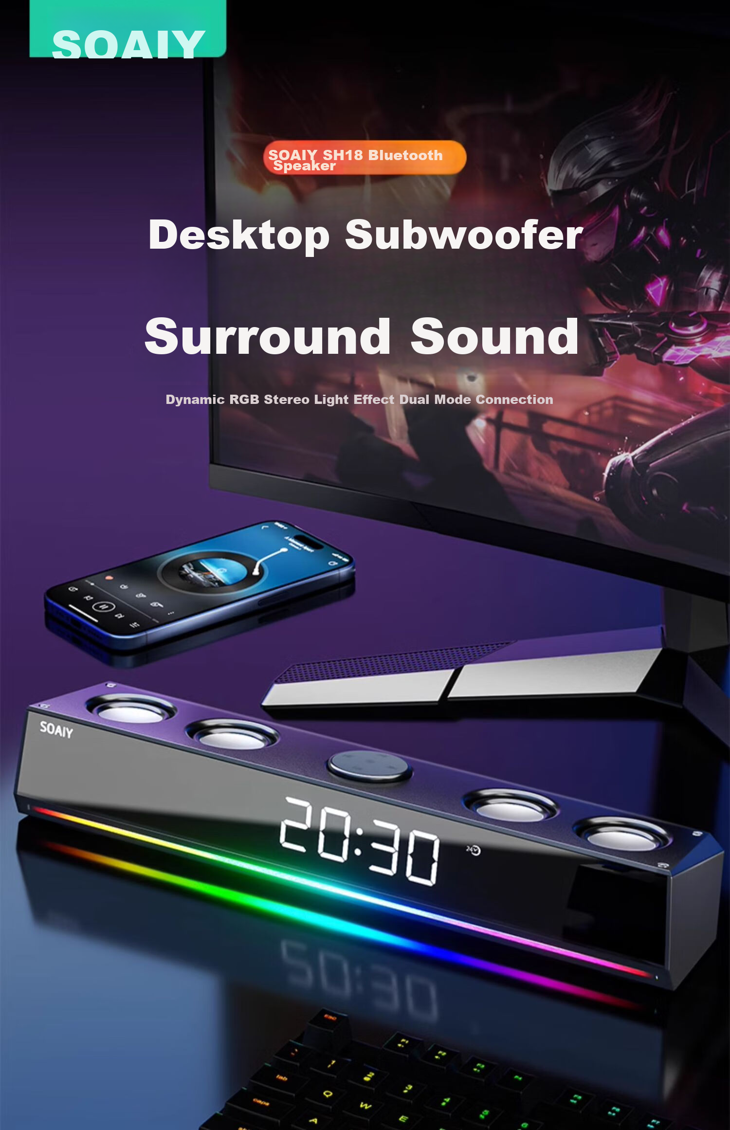 Акустическая система Soaiy SH18 Bluetooth, саундбар для компьютера, игровая акустика для ПК, черная версия с часами и подсветкой