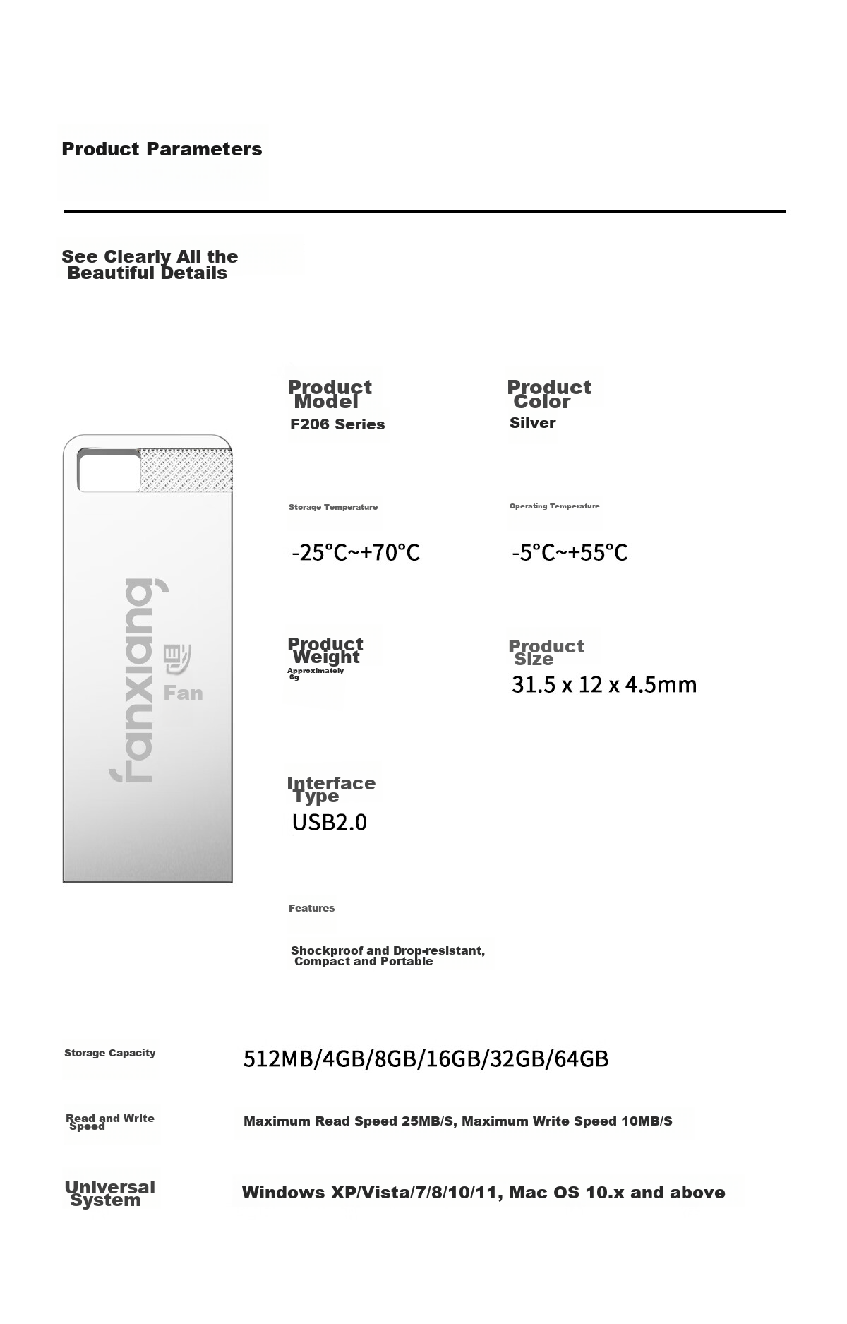USB-флеш-накопитель FANXIANG F206, 512 МБ, USB 2.0, металлический корпус, водонепроницаемый, противоударный, серебристый