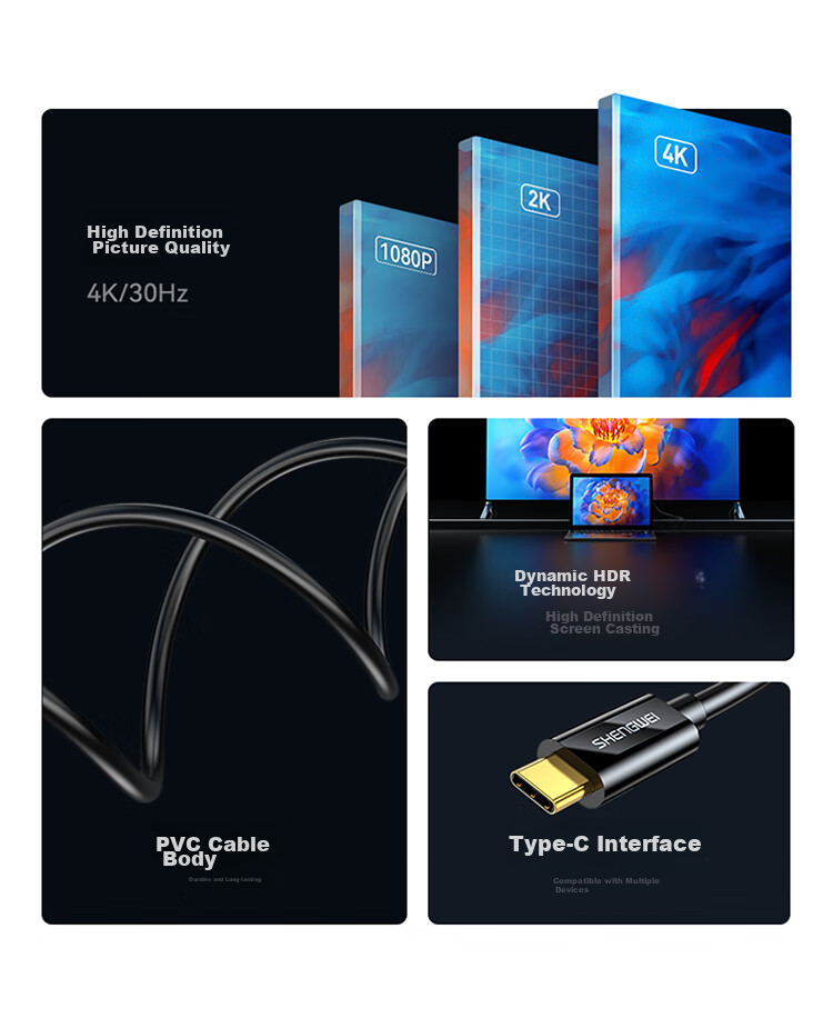 Кабель Shengwei Type-C - HDMI, адаптер 4K для Apple 16/15 Huawei P60, подключение ноутбука/телефона к монитору/телевизору, 1.8 метра, ACH1018G
