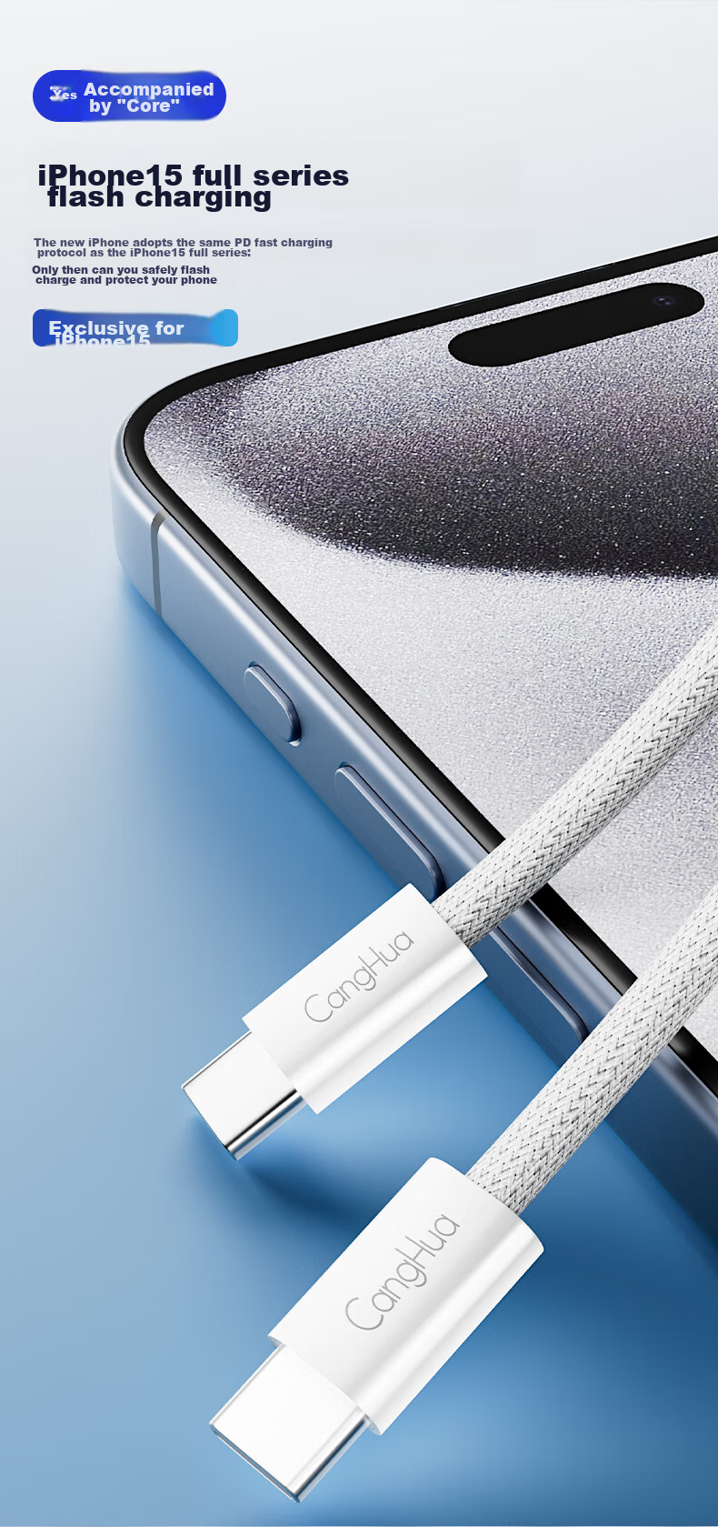 Кабель CangHua Type-C to Type-C, 2 метра, белый, PD 60W, для iPhone 17/16/15, планшетов