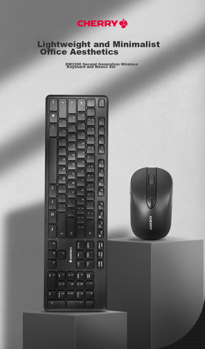 Беспроводной комплект CHERRY DW2300: клавиатура и мышь, черный. Полноразмерная, тихая, портативная, для офиса и дома.