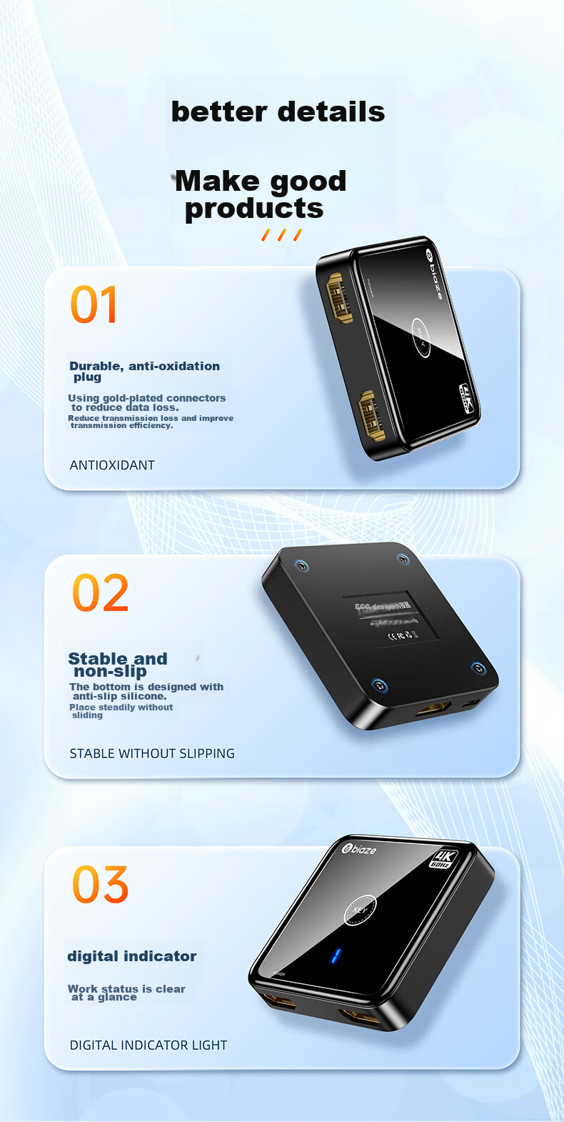 HDMI 2.0 переключатель BIAZE, 2 входа/1 выход, 4K/60Hz, HD видеораспределитель, двунаправленный, для ноутбуков, ТВ-приставок, телевизоров, проекторов