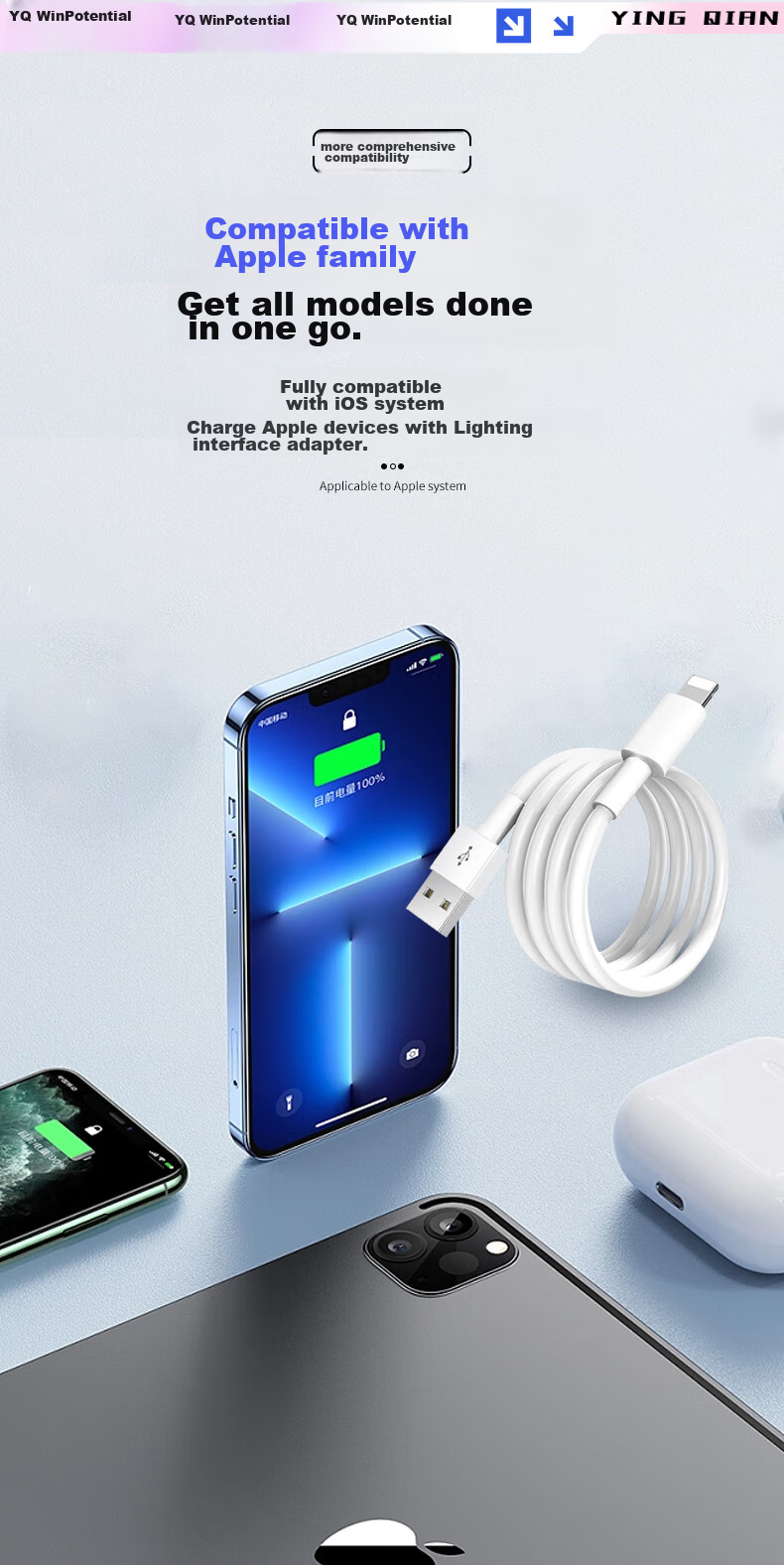 Кабель YINGQIAN YQ-0011 для зарядки и передачи данных, Lightning, 1 метр, 2.4А, TPE, серый