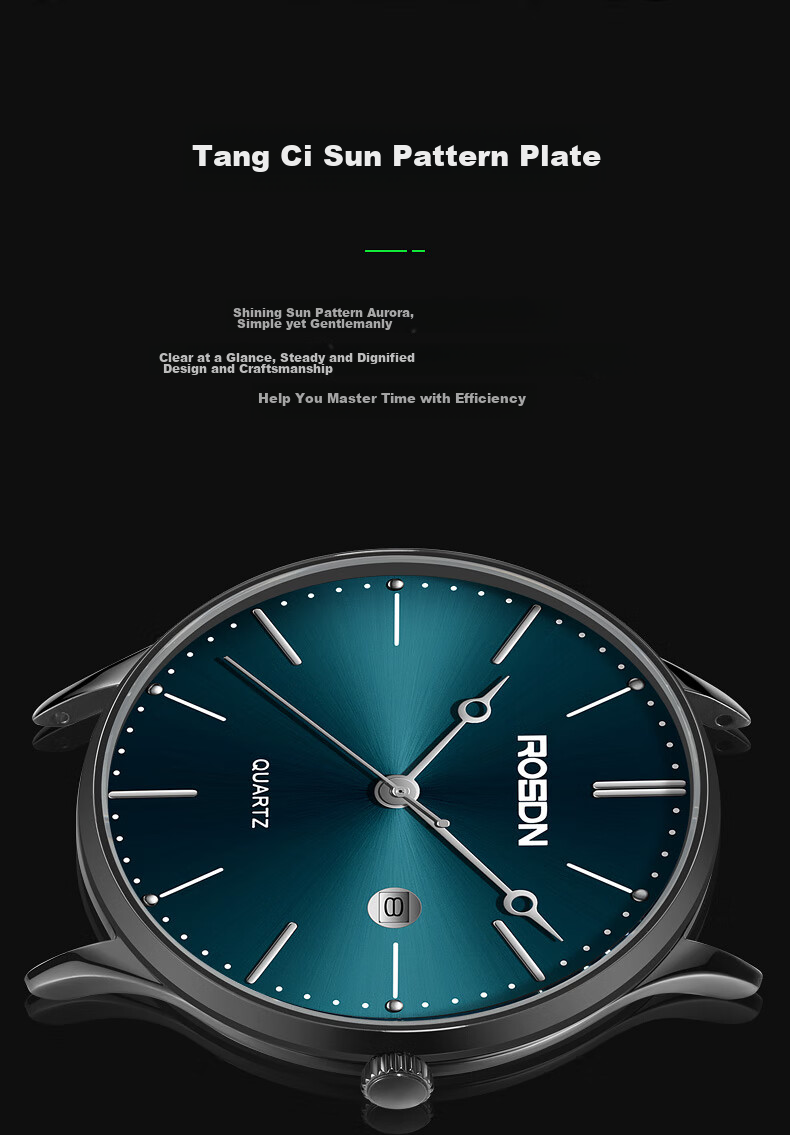 Мужские часы ROSDN Aurora Series, ультратонкие, с календарем, водонепроницаемые, кварцевые, синие