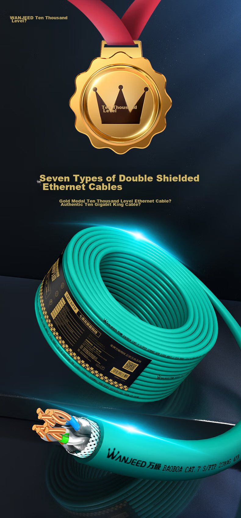 Сетевой кабель WANJEED CAT7, двойное экранирование, 23AWG, бескислородная чистая медь, низкий дым, нулевой галоген, инженерная сеть, 20 метров, зеленый