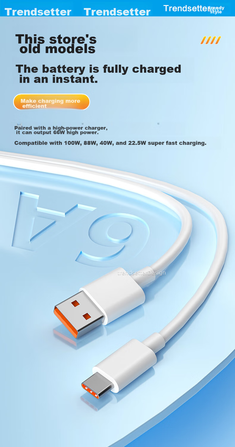 Кабель Trendsetter USB Type-A - Type-C, 6A, 1м, белый