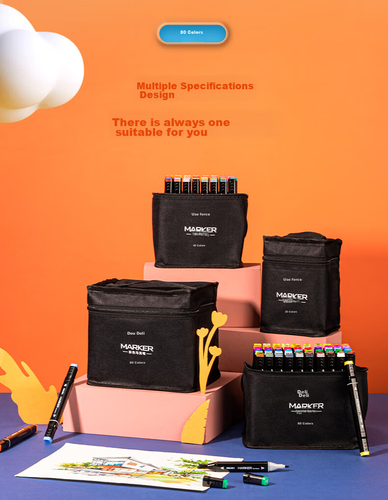 Маркеры Deli HM902-80, набор из 80 цветов, спиртовые, двухсторонние, для рисования и черчения, в черной тканевой сумке
