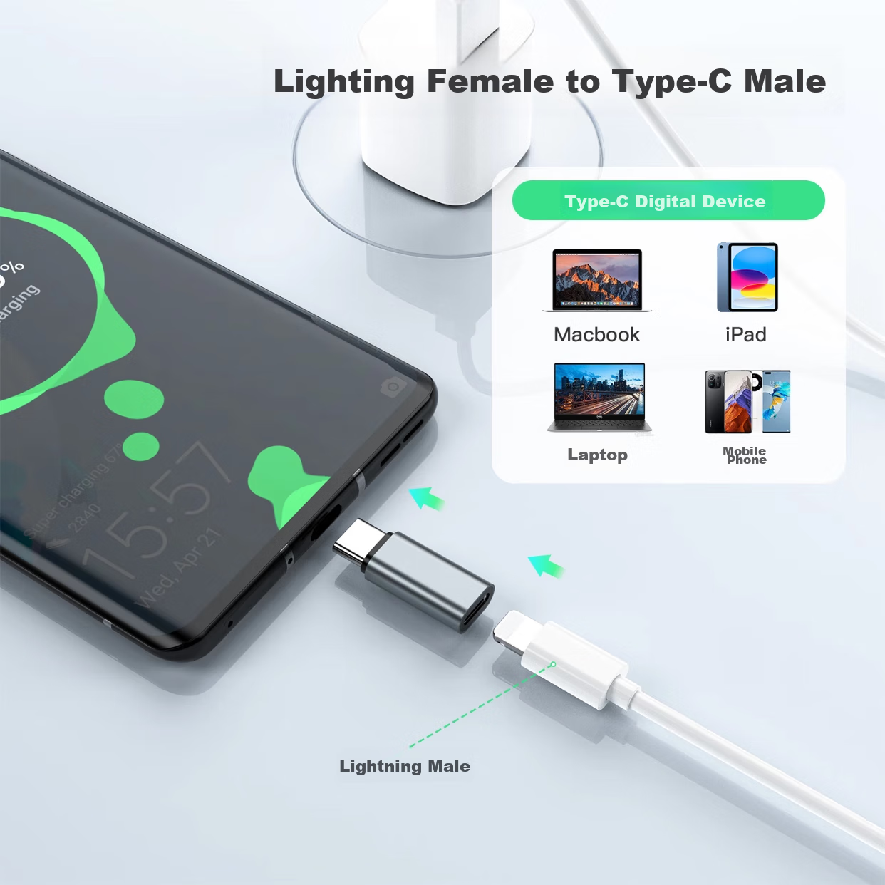 Переходник Shishan Apple Lightning female - Type-C male, 35W/20W PD, алюминиевый сплав, серебристый