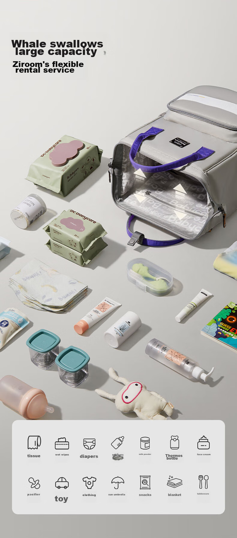 Рюкзак-переноска для детей Babycare Mommy Bag, многофункциональный, вместительный, для мам, с отделением для бутылок, серый