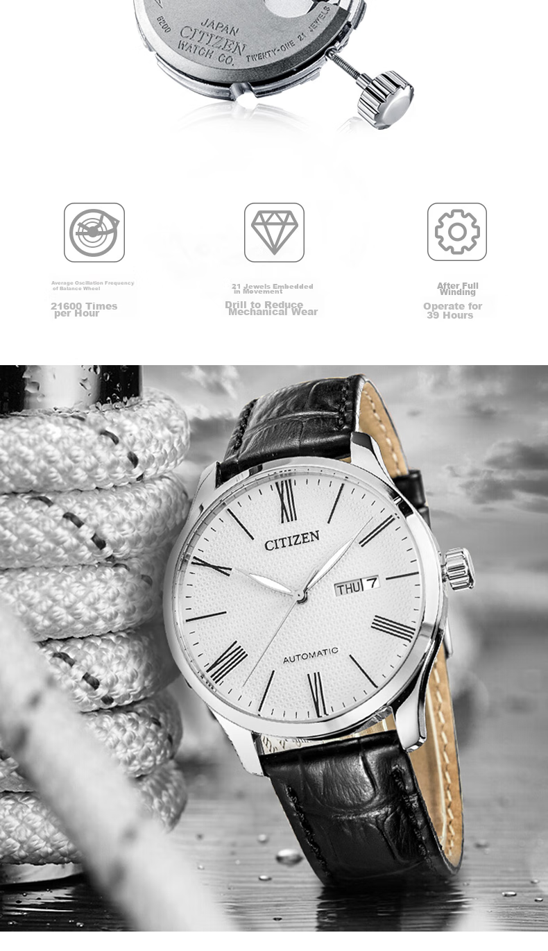 Мужские механические часы Citizen NH8350-08A с кожаным ремешком, автоматический механизм, дата, водозащита 50м
