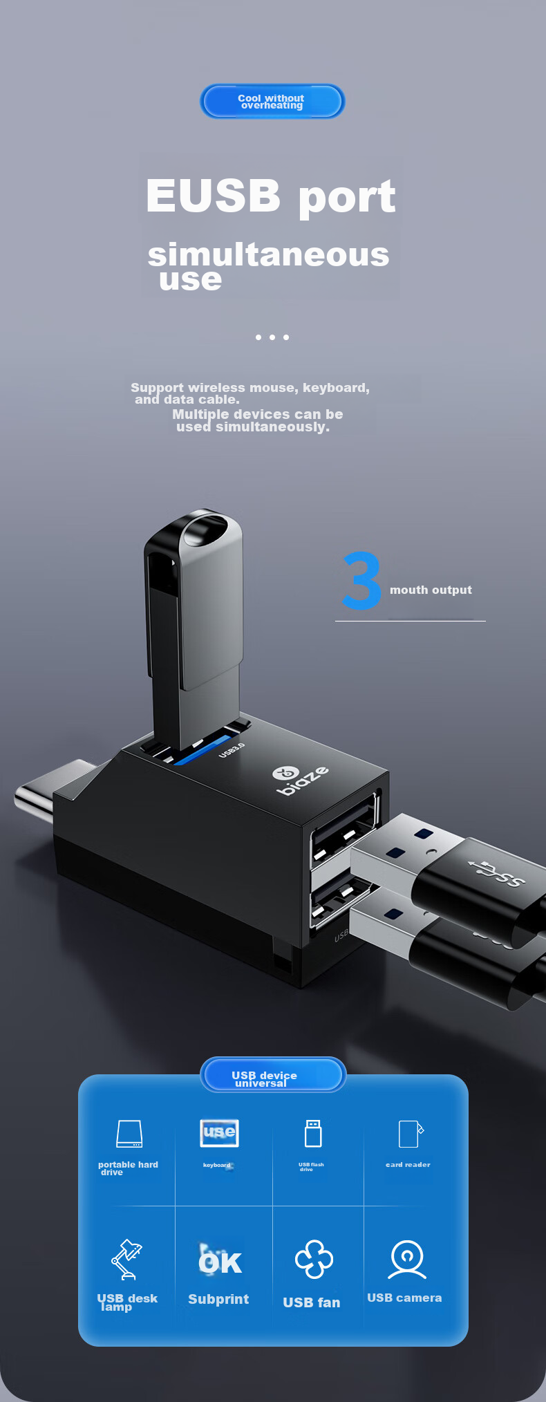 USB-хаб BIAZE Type-C, 3 порта USB 3.0, переходник-разветвитель для MacBook