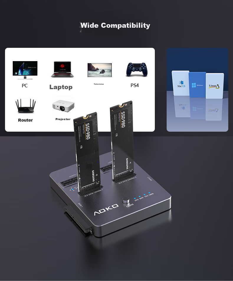 AOKO DA28GR, клонер SSD NVMe/SATA, M.2, док-станция для клонирования жестких дисков, 2 отсека, USB 3.2 Gen 2