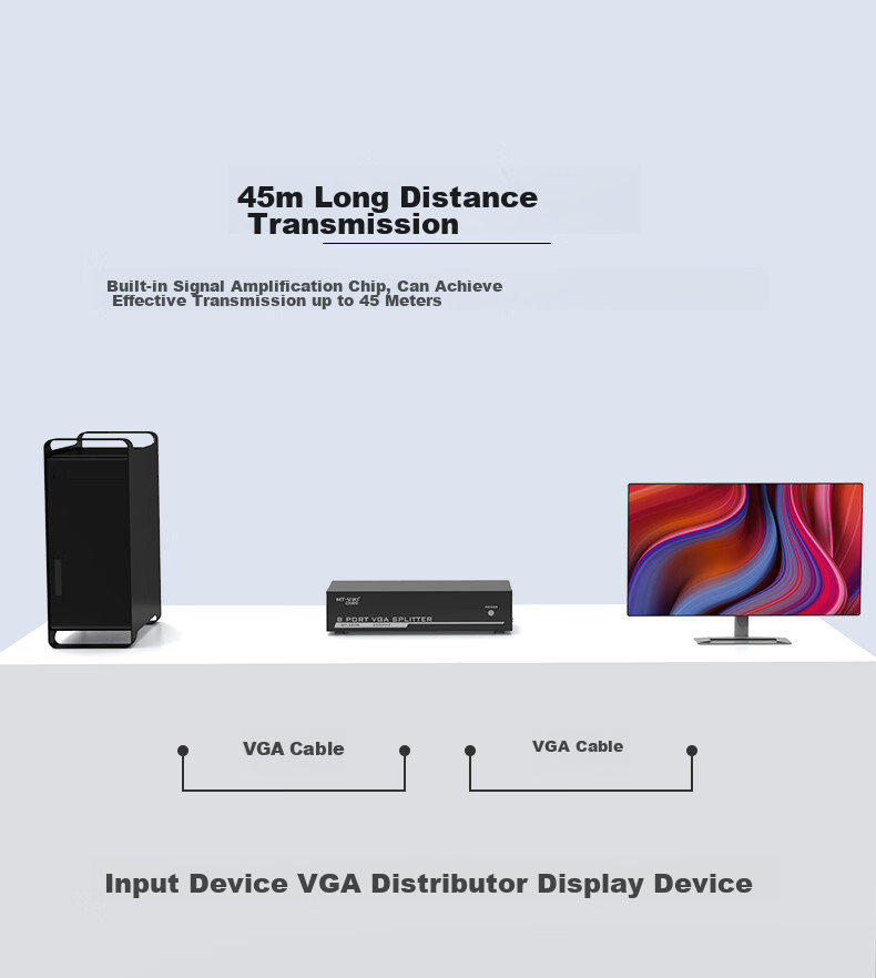 VGA сплиттер MT-viki MT-3508, 1 вход, 8 выходов, 1920x1440, 350 МГц, 45 м, черный