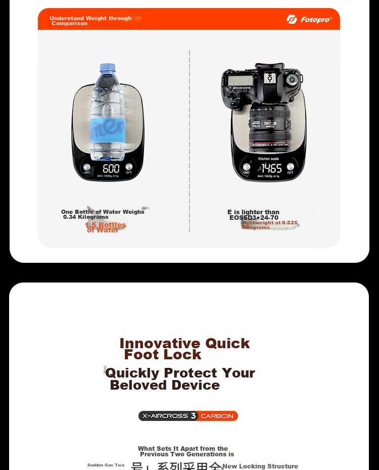 Штатив Fotopro Air 3 Dual Panoramic из углеродного волокна для беззеркальных и зеркальных фото- и видеокамер, цвет "Пламенный оранжевый"