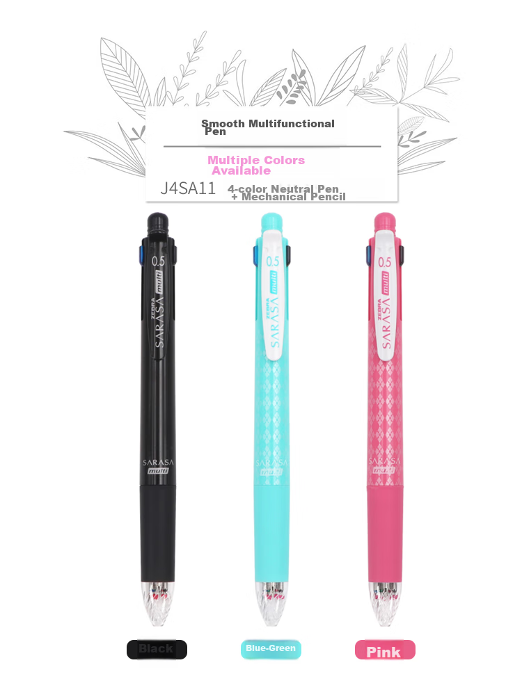 Многофункциональная ручка ZEBRA J4SA11, 5 в 1, гелевая ручка 0.5 мм (4 цвета) + механический карандаш 0.5 мм, розовая