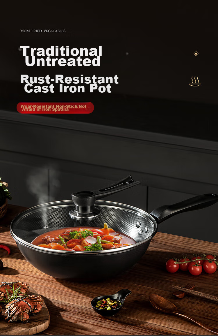 Сковорода MAXCOOK Wok, чугунная, 30 см, без покрытия, с крышкой, для газовых и индукционных плит