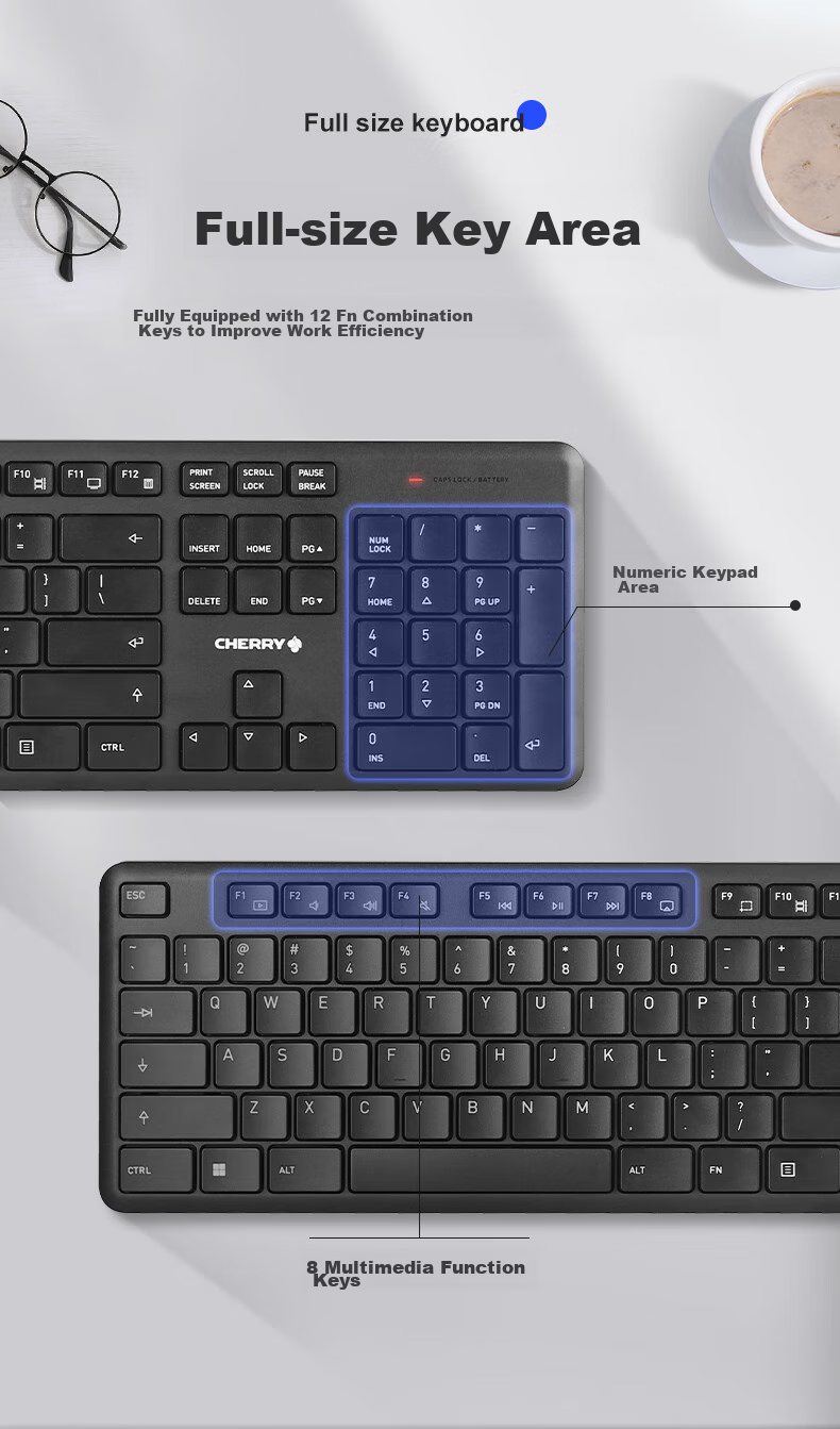 Беспроводной комплект CHERRY DW2300: клавиатура и мышь, черный. Полноразмерная, тихая, портативная, для офиса и дома.