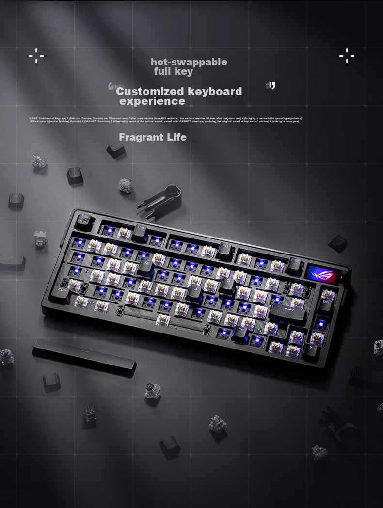 Механическая клавиатура ROG Yemo Extreme, трехрежимная, игровая, 75 клавиш, горячая замена, настраиваемая структура прокладок, полноцветный OLED, подсветка 8K, переключатели NX Snow White