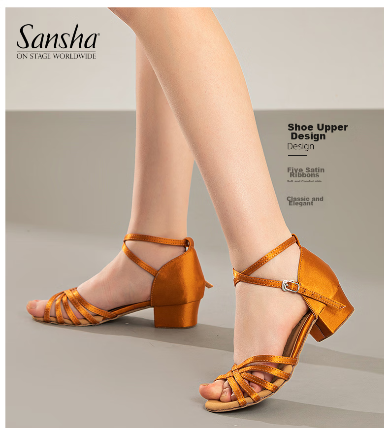 Детские туфли для латиноамериканских танцев Sansha BK13056S, атласные, с низким каблуком, для румбы, ча-ча-ча, черные, размер 34