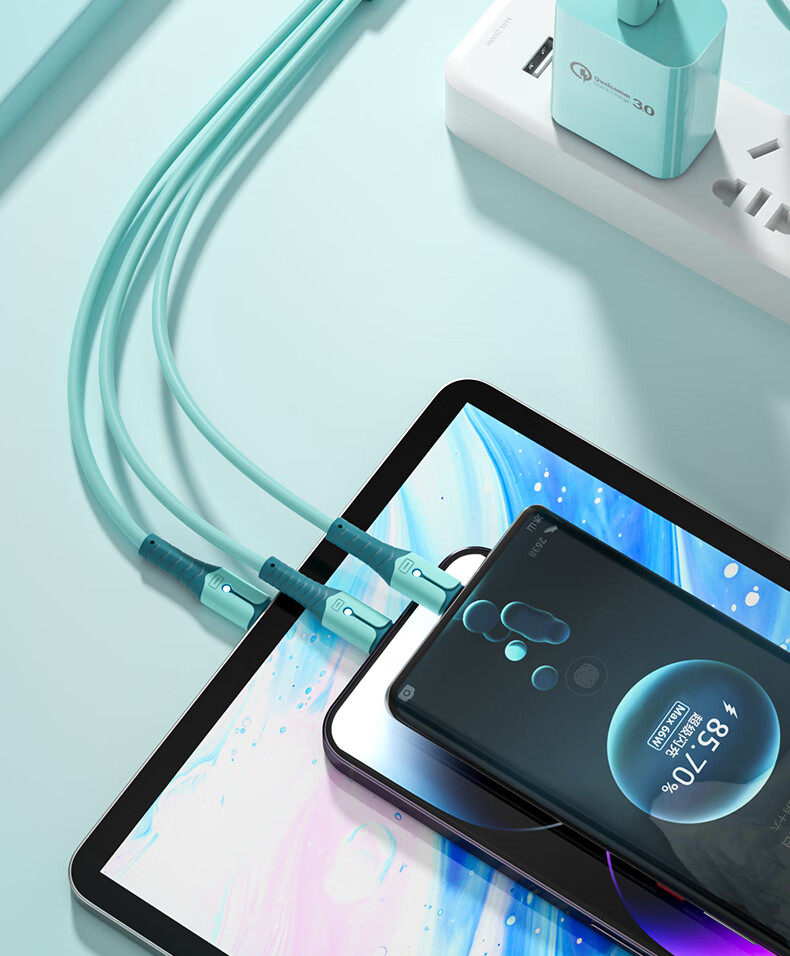 Кабель Nengshi Three-In-One, 1.5м, Синий, 66W, с разъемами Type-C, Lightning, Micro-USB