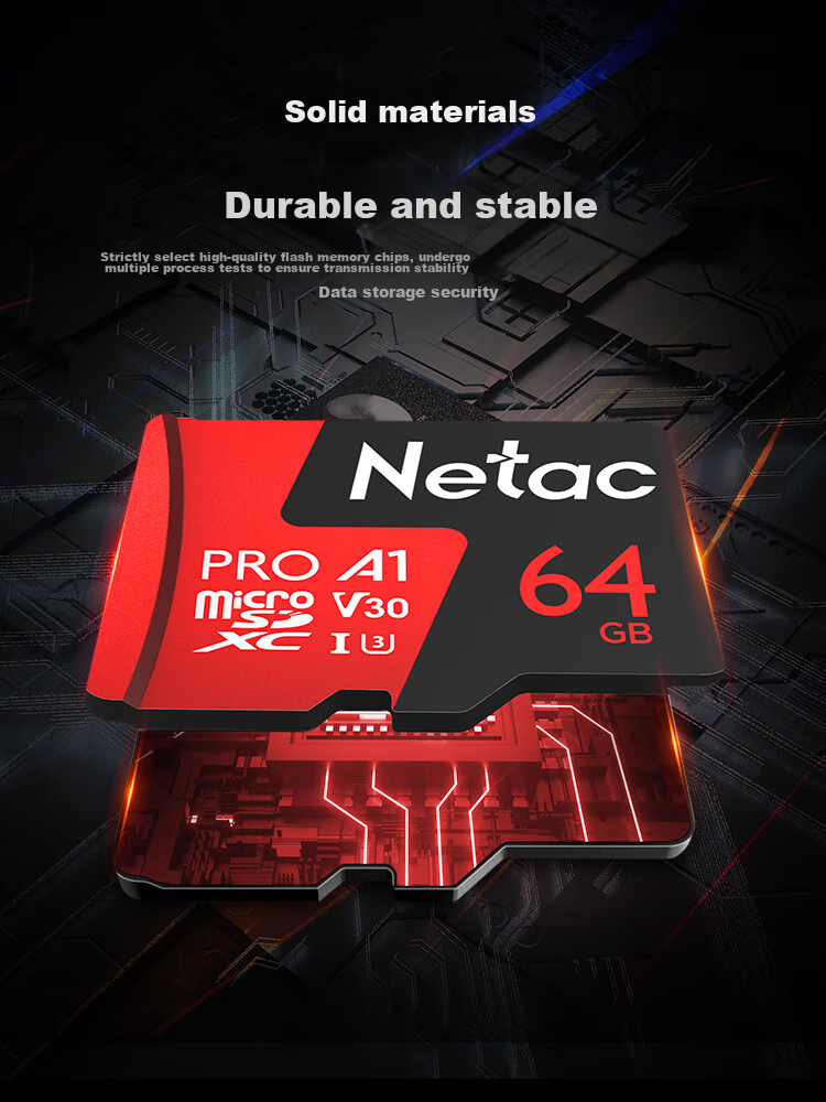 Карта памяти Netac 64GB TF (MicroSD) P500 Series, A1 U3 V30, для видеорегистратора и камеры наблюдения, скорость чтения 100 МБ/с