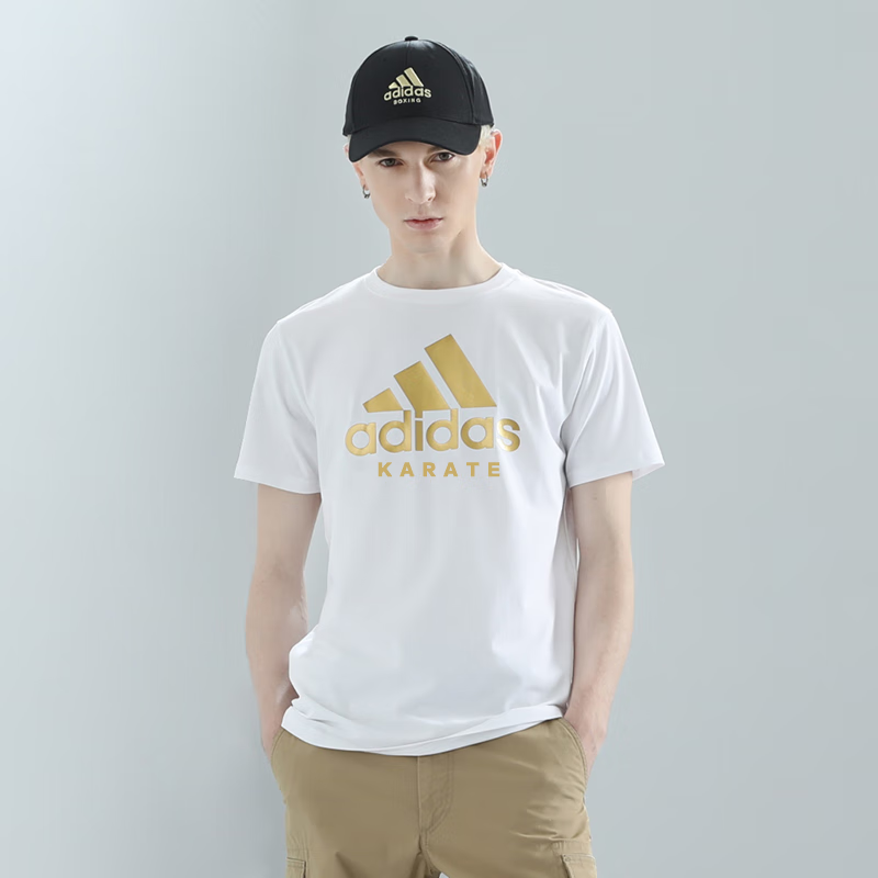 adidas阿迪达斯官方短袖男t恤休闲跑步运动服宽松圆领健身舒适半袖  白/黑（空手道） XL