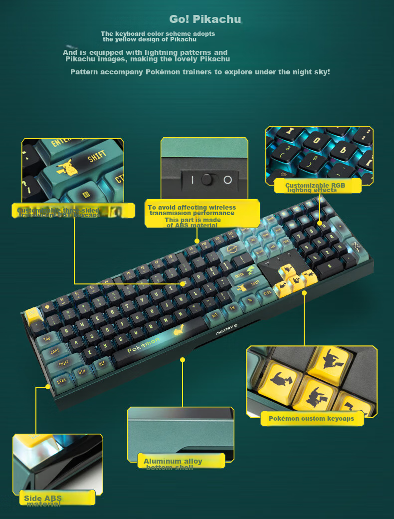 CHERRY MX3.0S Wireless Mechanical Keyboard Pikachu Co-Branded Edition, 108-клавишная игровая клавиатура, Bluetooth, трехрежимная беспроводная офисная клавиатура