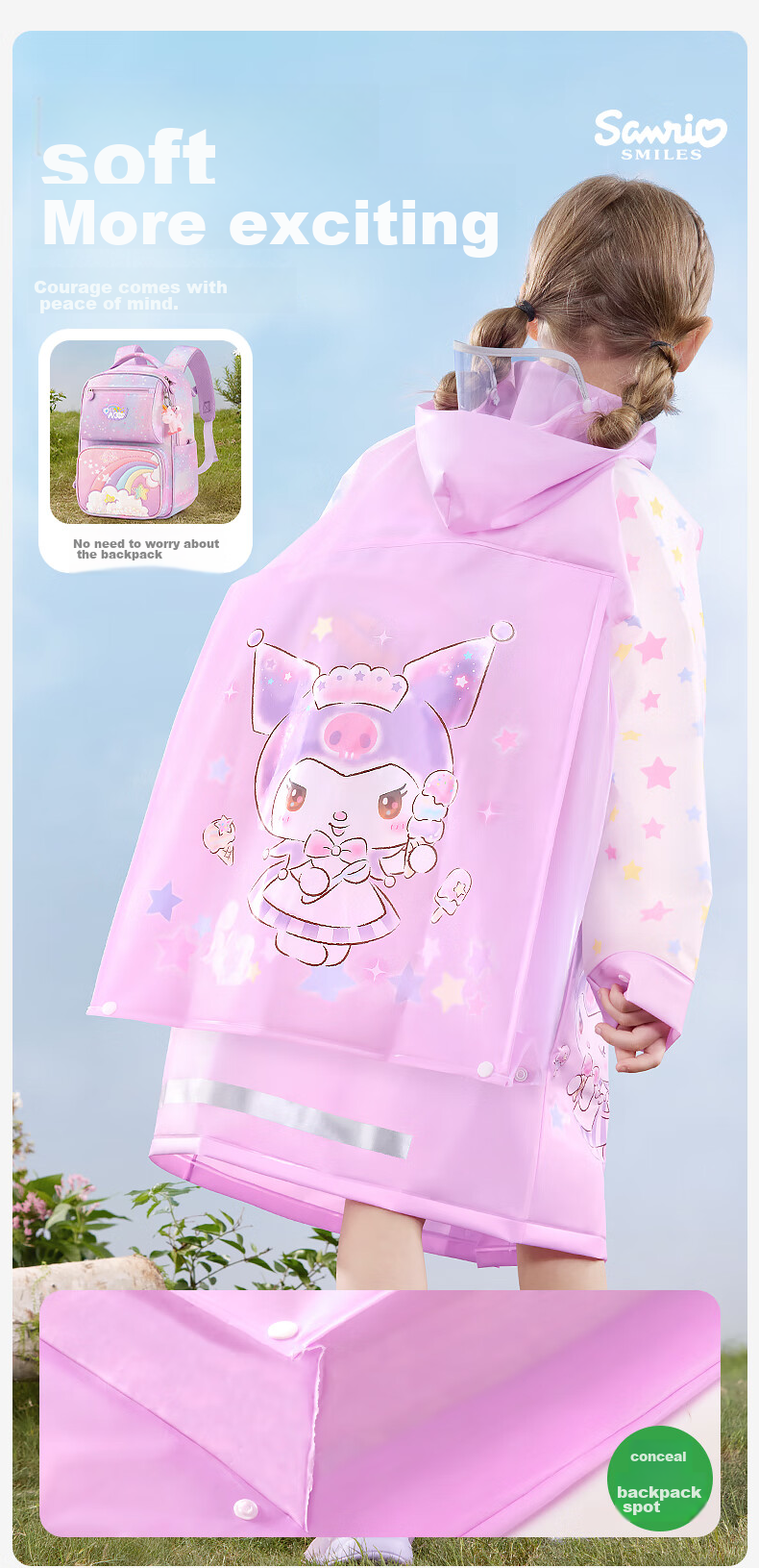 Детский дождевик Hello Kitty для девочек, водонепроницаемый пончо для детского сада и школьников, с местом для рюкзака, Куроми, фиолетовый, размер XXL