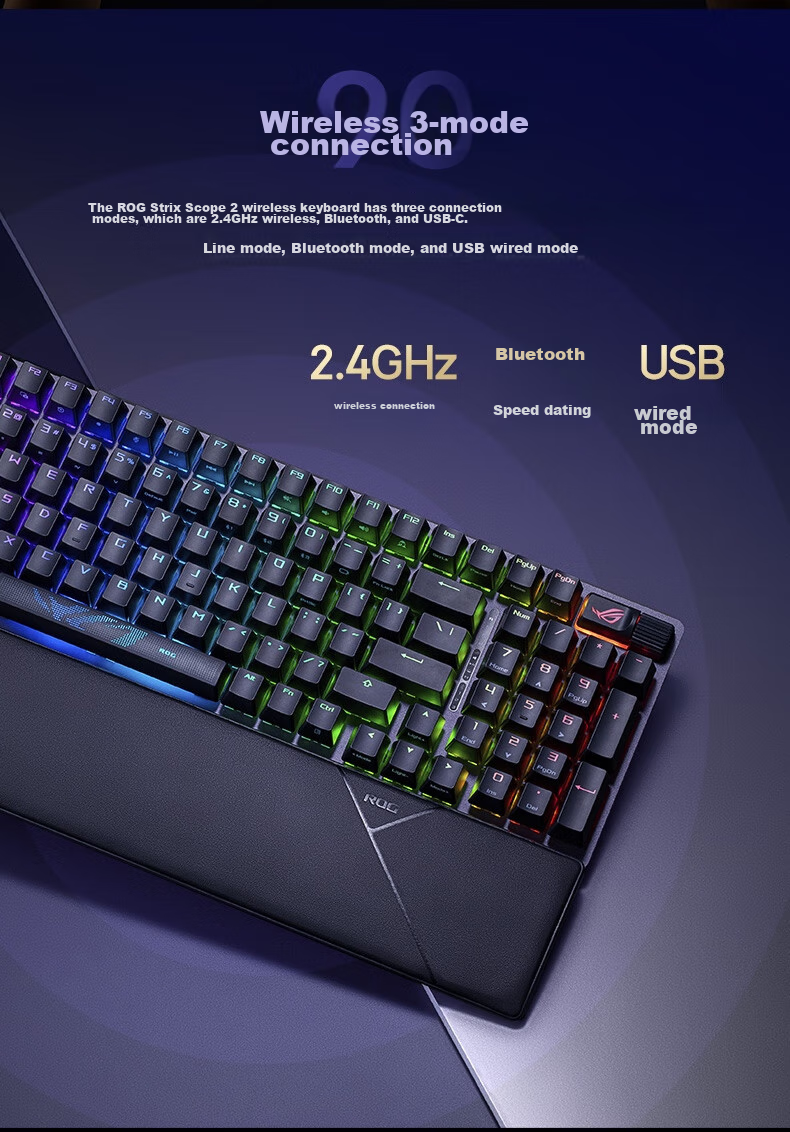 ROG Warrior 2 98 Беспроводная механическая клавиатура, проводное/беспроводное/Bluetooth тройное подключение, 96-клавишная раскладка, переключатели NX Ice Storm Gray, RGB, горячая замена