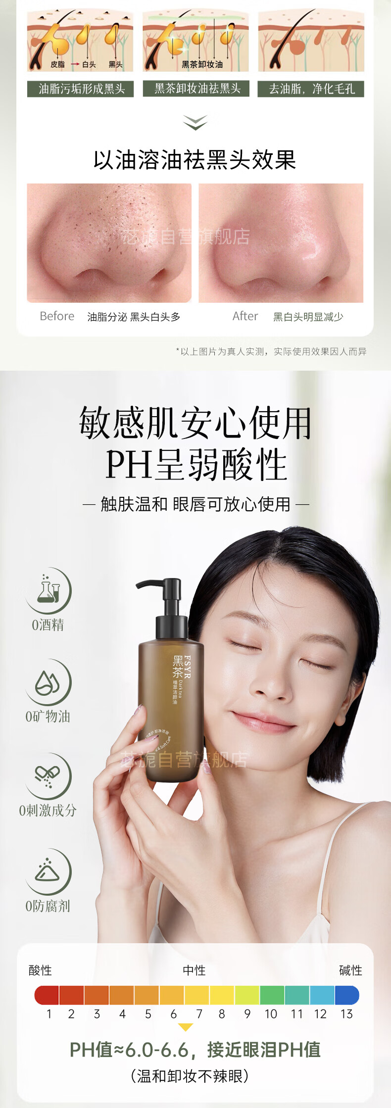 BAILUHUI黑茶卸妆油眼唇脸三合一温和深层清洁清爽控油卸妆水敏感肌225ml