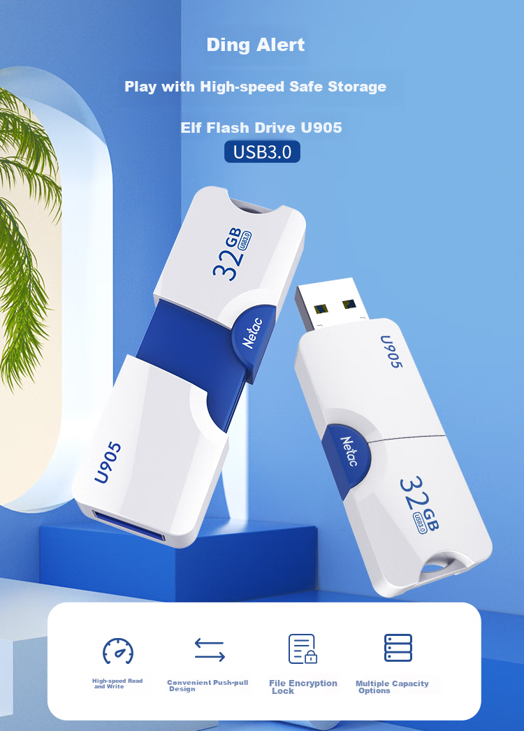 USB-накопитель Netac U905 32GB USB 3.2, тонкий выдвижной высокоскоростной накопитель, зашифрованный USB-накопитель