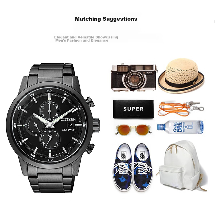 Мужские часы CITIZEN CA0615-59E, кварцевые, Eco-Drive, стальной корпус и браслет, черный циферблат, водонепроницаемые 100м