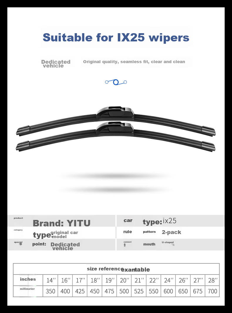 Бескаркасные щетки стеклоочистителя YITU для Hyundai ix25/ix35 (2015-2017), 2 шт., 26 и 16 дюймов, резиновая полоса, U-образное крепление
