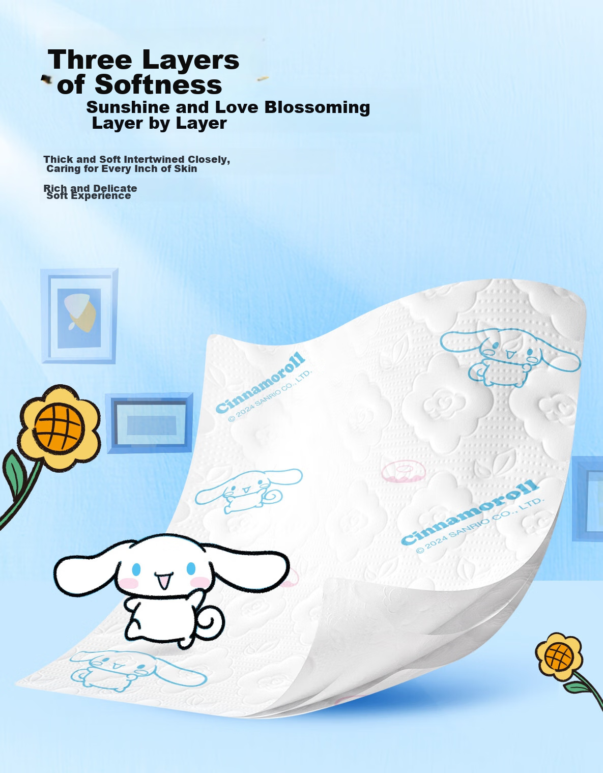 Бумажные салфетки Mind Act Upon Mind, серия Cinnamoroll, 3-слойные, 100 шт. в упаковке, 10 упаковок в коробке, 13.2x19 см