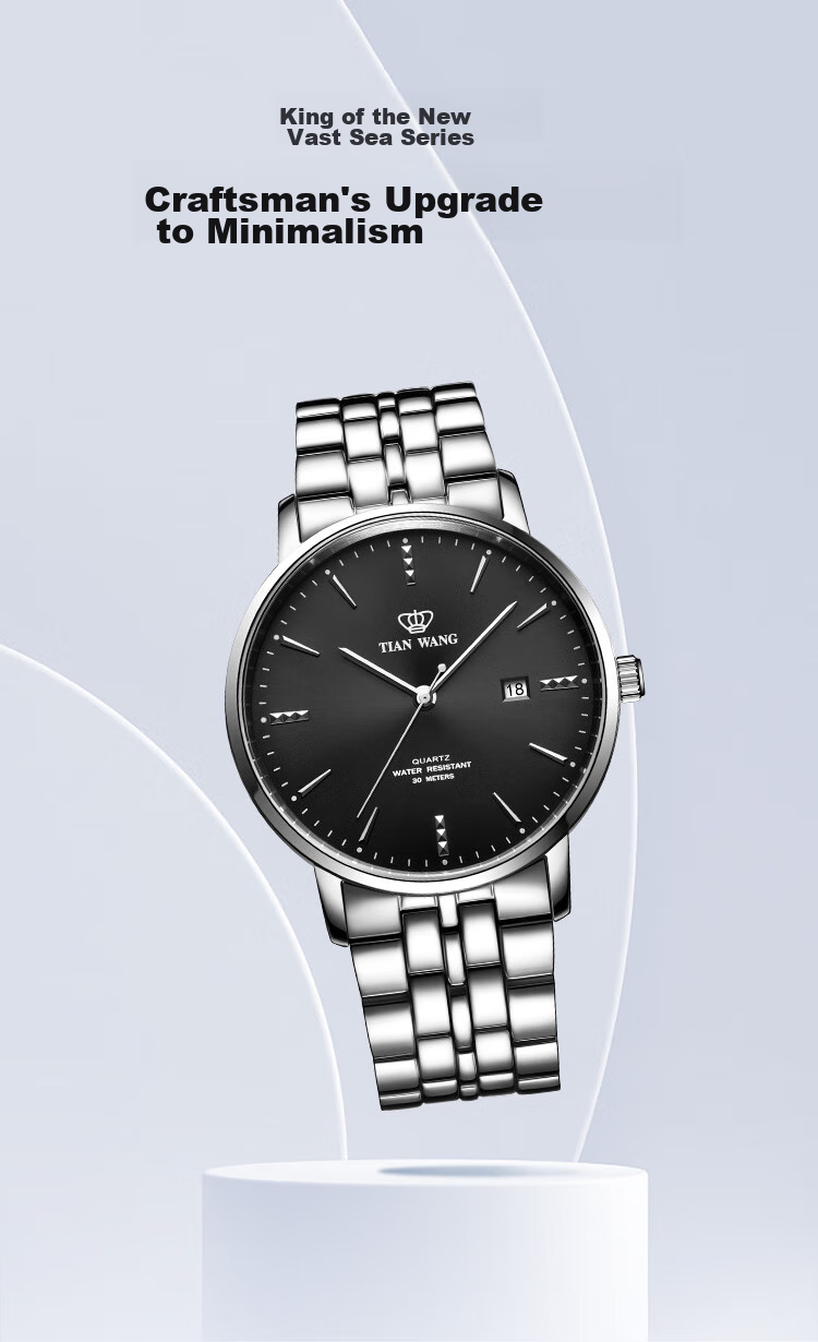 Мужские часы TIAN WANG GS31131S.D.S.B, кварцевые, стальной ремешок, водонепроницаемые до 30 метров, черный циферблат, диаметр 39 мм